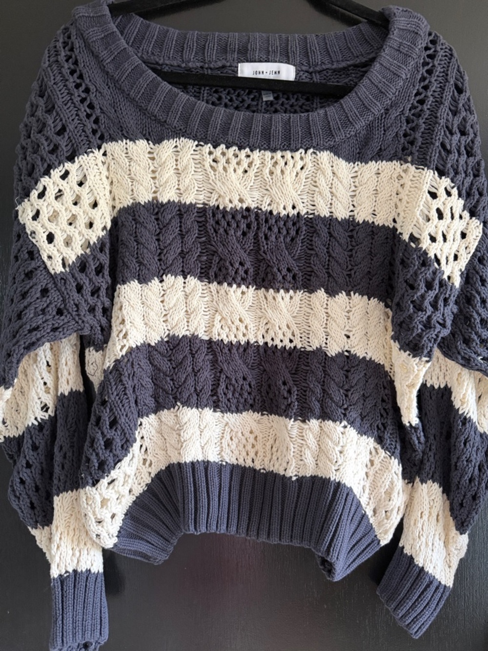 John + Jenn Navy and Cream Striped Openwork Crewneck Sweater.  Size large.